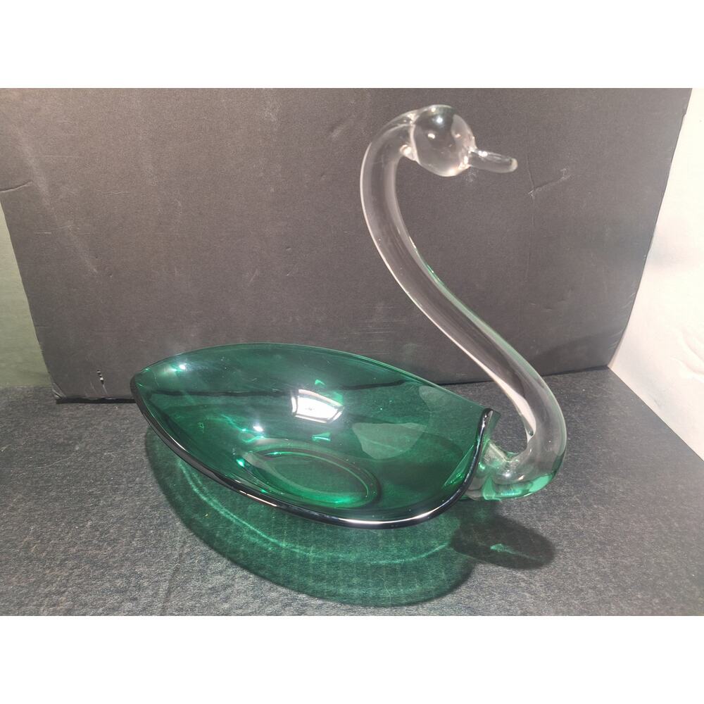 Vintage Duncan Miller Emerald Green Swan Bowl Clear Applied Neck Centerpiece